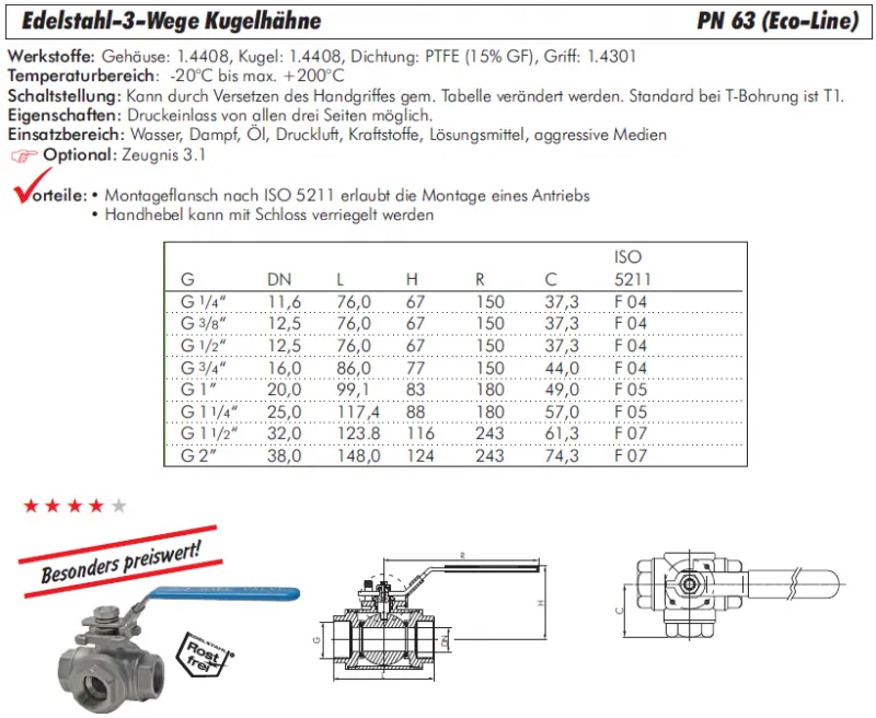 Datenblatt 3-Wege-Kugelhahn Edelstahl PN 63 Eco-Line L- und T-Bohrung alle Größen